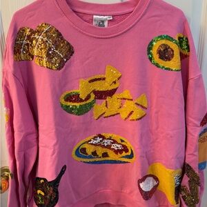 QUEEN OF SPARKLES Mexican Food Pink Sequin Sweatshirt